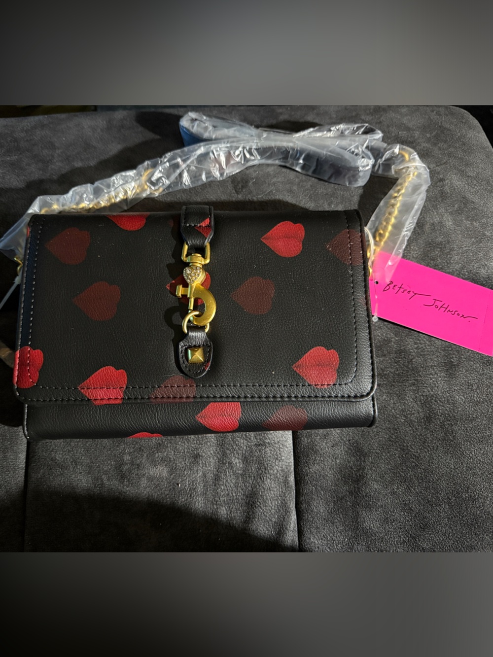 Betsey Johnson Black Crossbody Bag with Red Lip Print